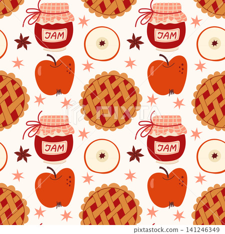 Cozy Autumn Seamless Pattern with Red Apples Jam Jars Pie and Star Anise Cozy Autumn Seamless Pattern with Red Apples Jam Jars Pie and Star Anise 141246349