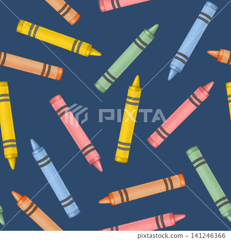 Watercolor seamless pattern with colorful wax crayons scattered. Hand drawn back to school illustration. Stationery. Traditional symbol of the first of September, knowledge day, back to school Watercolor seamless pattern with colorful wax crayons scattered. Hand drawn back to school illustration. Stationery. Traditional symbol of the first of September, knowledge day, back to school 141246366