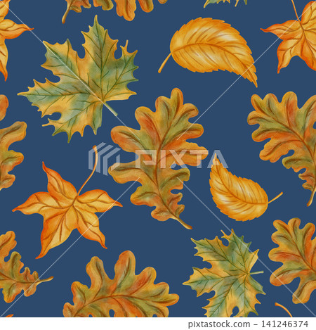Watercolor seamless pattern of autumn leaves. Hand drawn background with colorful maple and oak foliage. Warm fall texture perfect for school decoration, thanksgiving, seasonal design. Watercolor seamless pattern of autumn leaves. Hand drawn background with colorful maple and oak foliage. Warm fall texture perfect for school decoration, thanksgiving, seasonal design. 141246374