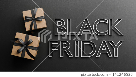 Black Friday Sale Banner with 3D Text and Kraft Gift Boxes with Black Ribbon on Dark Background Black Friday Sale Banner with 3D Text and Kraft Gift Boxes with Black Ribbon on Dark Background 141246523