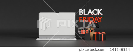 Black Friday 3D Render Illustration with Laptop, Shopping Cart, and Gift Boxes on Dark Background 141246524