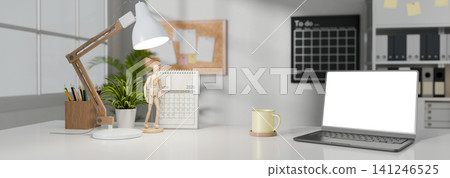 3D Illustrations of Modern Workspace with Laptop, Desk Lamp, Calendar, and Office Supplies on White Desk 3D Illustrations of Modern Workspace with Laptop, Desk Lamp, Calendar, and Office Supplies on White Desk 141246525