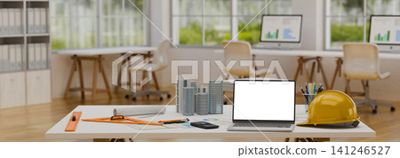 3D Illustrations of Architecture Workspace with Laptop, Hardhat, Blueprint and Building Model on Office Desk 3D Illustrations of Architecture Workspace with Laptop, Hardhat, Blueprint and Building Model on Office Desk 141246527