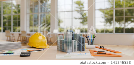 3D Illustration of Architecture Workspace with Building Models, Hard Hat, and Drafting Tools on Designer's Desk 3D Illustration of Architecture Workspace with Building Models, Hard Hat, and Drafting Tools on Designer's Desk 141246528