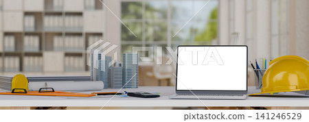 3D Illustration of Architect Engineer Workspace with Laptop, Blueprints, Building Model and Safety Helmet on Desk 141246529