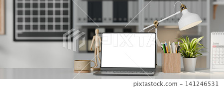 3D Illustrations of Modern Creative Workspace with Laptop Blank Screen, Wooden Mannequin, and Desk Accessories 3D Illustrations of Modern Creative Workspace with Laptop Blank Screen, Wooden Mannequin, and Desk Accessories 141246531
