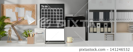 3D Illustrations of Modern Workspace Desk with Blank Screen Tablet, Calendar, Lamp, and Office Supplies 3D Illustrations of Modern Workspace Desk with Blank Screen Tablet, Calendar, Lamp, and Office Supplies 141246532
