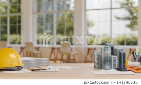 3D Illustration of Architect Workspace with Building Model, Hard Hat, and Documents on Office Desk 3D Illustration of Architect Workspace with Building Model, Hard Hat, and Documents on Office Desk 141246536