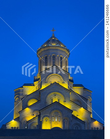 Close-up of illuminated Holy Trinity Cathedral dome in Tbilisi, Georgia. Close-up of illuminated Holy Trinity Cathedral dome in Tbilisi, Georgia. 141246666