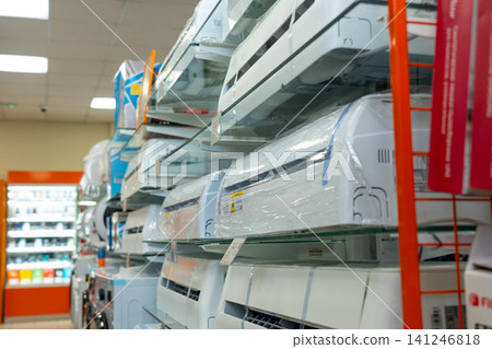 Display of Multiple Air Conditioning Units in a Retail Setting Showcasing Modern Technology and Design Options for Climate Control Solutions Display of Multiple Air Conditioning Units in a Retail Setting Showcasing Modern Technology and Design Options for Climate Control Solutions 141246818