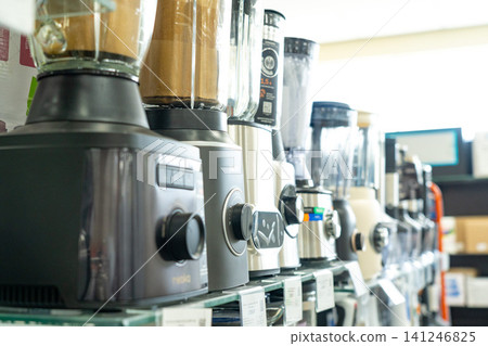 A Diverse Collection of High-Quality Blenders Displayed on a Store Shelf, Showcasing Various Designs, Features, and Capabilities for Culinary Enthusiasts 141246825