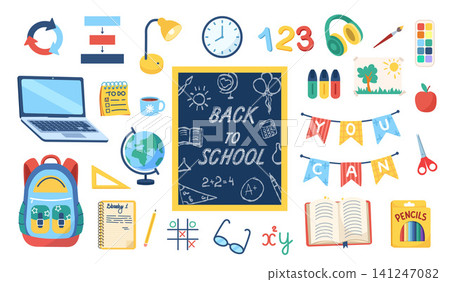 Back to school concept. Perfect for education themes, online learning, classroom materials, and creative projects. Back to school concept. Perfect for education themes, online learning, classroom materials, and creative projects. 141247082