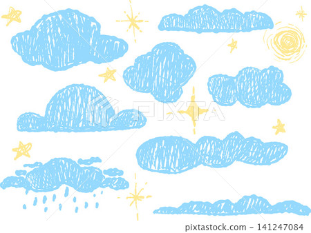 Crayon drawn kids clouds elements with sun and stars scribble texture. Crayon drawn kids clouds elements with sun and stars scribble texture. 141247084