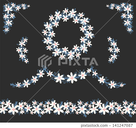 Romantic flower wreath and hanging garland elements, corner in doodle style. Romantic flower wreath and hanging garland elements, corner in doodle style. 141247087