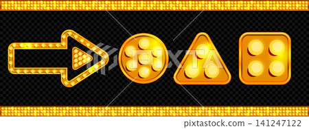 Gold marquee light arrow frame. Casino or circus sign with retro shiny box. 3d fashion film carnival label. Glowing bulb led billboard template. Festival disco celebration design. Night quiz vector. Gold marquee light arrow frame. Casino or circus sign with retro shiny box. 3d fashion film carnival label. Glowing bulb led billboard template. Festival disco celebration design. Night quiz vector. 141247122