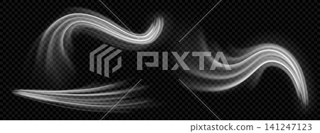 Wind air effect set with fresh breeze flow on black background for conditioner. Cool white wave motion of clean stream and realistic texture. Isolated png vector graphic with different curve trail Wind air effect set with fresh breeze flow on black background for conditioner. Cool white wave motion of clean stream and realistic texture. Isolated png vector graphic with different curve trail 141247123