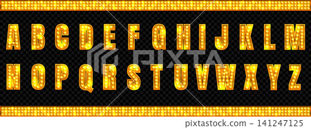 Circus light font with marquee led bulb. Cinema alphabet neon typography. Retro sign letter for vintage cabaret design. Shiny glowing effect for gold pizza banner. Creative burlesque vector symbol. Circus light font with marquee led bulb. Cinema alphabet neon typography. Retro sign letter for vintage cabaret design. Shiny glowing effect for gold pizza banner. Creative burlesque vector symbol. 141247125