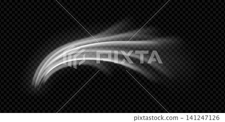 Wind flow with fresh air breeze and white wave on clean black background. Cool stream motion with realistic texture and abstract lines. Vector png for conditioner room display with spray effect 141247126