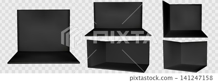 Booth set with black corner and 3d stand mockup wall for exhibition tradeshow. Empty square room with backdrop showroom display and office interior space. Blank pop up store area template vector 141247158