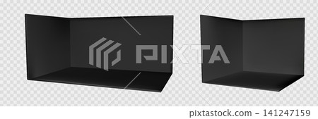 Black corner booth set with 3d stand mockup and wall for exhibition tradeshow. Empty square room with backdrop office display and showroom space interior. Front pop up store area perspective vector Black corner booth set with 3d stand mockup and wall for exhibition tradeshow. Empty square room with backdrop office display and showroom space interior. Front pop up store area perspective vector 141247159