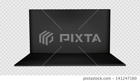 Black booth stand with 3d mockup wall and corner setup for tradeshow exhibition. Empty room area with backdrop display space and showroom interior panel. Isolated perspective render for expo event Black booth stand with 3d mockup wall and corner setup for tradeshow exhibition. Empty room area with backdrop display space and showroom interior panel. Isolated perspective render for expo event 141247160