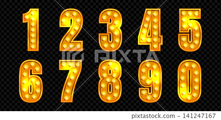 3d light font number. Marquee alphabet for circus with led bulb. Neon broadway show typography with lamp. Theater event typeface for magic decoration in yellow. Grand Vegas night glowing design. 3d light font number. Marquee alphabet for circus with led bulb. Neon broadway show typography with lamp. Theater event typeface for magic decoration in yellow. Grand Vegas night glowing design. 141247167