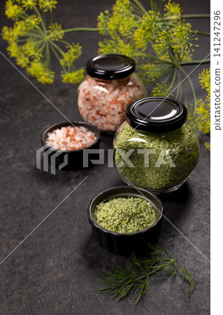 Himalayan and dill flavored salt preparing for cooking Himalayan and dill flavored salt preparing for cooking 141247296