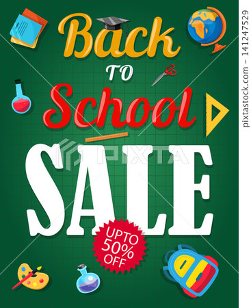 Vibrant Back to School promotional flyer with green chalkboard background, featuring school supplies like globe, graduation cap, flask, palette, and backpack, with bold sale typography highlighting a Vibrant Back to School promotional flyer with green chalkboard background, featuring school supplies like globe, graduation cap, flask, palette, and backpack, with bold sale typography highlighting a 141247529