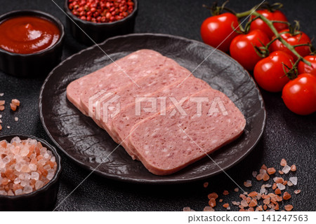 Canned spiced ham slices for holiday sandwiches. Ham slices Canned spiced ham slices for holiday sandwiches. Ham slices 141247563