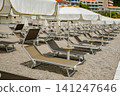 Empty Rows of Modern Sun Loungers Under Beach Umbrellas at Resort 141247646