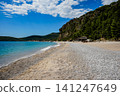 Wide Pebble Beach Below Scenic Coastal Cliff on Turquoise Sea 141247649