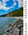 Vertical Coastal Landscape with Rocky Shore and Turquoise Water 141247654