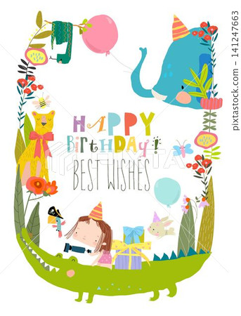 Cute Funny Girl and Animals celebrating Birthday Cute Funny Girl and Animals celebrating Birthday 141247663