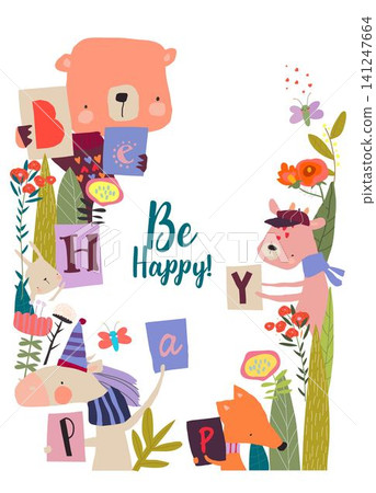 Floral Frame With Happy Animals wishing You Be Happy Floral Frame With Happy Animals wishing You Be Happy 141247664