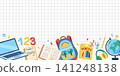 Back to School Banner with School Supplies, Laptop, Backpack and Education Elements on Grid Background 141248138