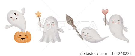 Cute watercolor Halloween ghost characters set with heart or magic wand, flying broom and pumpkin for sweet spooky seasonal designs Cute watercolor Halloween ghost characters set with heart or magic wand, flying broom and pumpkin for sweet spooky seasonal designs 141248225