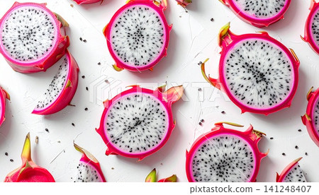 Vibrant pink dragon fruit slices on white background Vibrant pink dragon fruit slices on white background 141248407