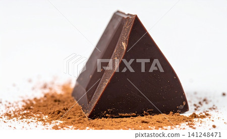 Dark chocolate triangle on cocoa powder background Dark chocolate triangle on cocoa powder background 141248471