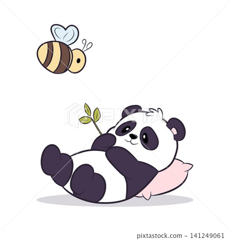 A panda lying on a cushion with bamboo and a bee A panda lying on a cushion with bamboo and a bee 141249061