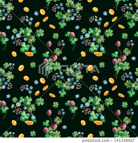 Seamless pattern with gold coins, green clovers, flowers and blue forget-me-nots on dark background hand drawing watercolor. A botanical element for St. Patrick's Day fabric, wrapping, or wallpaper. Seamless pattern with gold coins, green clovers, flowers and blue forget-me-nots on dark background hand drawing watercolor. A botanical element for St. Patrick's Day fabric, wrapping, or wallpaper. 141249087