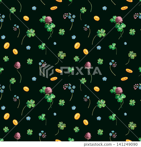 Seamless pattern with gold coins, green clovers, flowers and blue forget-me-nots on dark background hand drawing watercolor. A botanical element for St. Patrick's Day fabric, wrapping, or wallpaper. Seamless pattern with gold coins, green clovers, flowers and blue forget-me-nots on dark background hand drawing watercolor. A botanical element for St. Patrick's Day fabric, wrapping, or wallpaper. 141249090