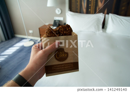 Wroclaw, Poland, June 15, 2018: Welcome cookie in luxury American chain hotel Wroclaw, Poland, June 15, 2018: Welcome cookie in luxury American chain hotel 141249140