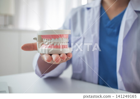 Close-up hand of Female Dentist working in office. Holding denture model. Close-up hand of Female Dentist working in office. Holding denture model. 141249165
