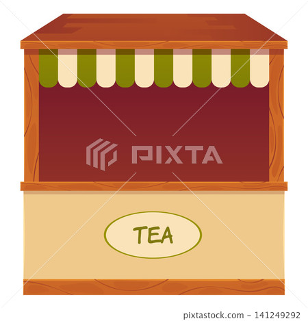 Tea kiosk stand, wooden marketing rack, vector flat herbal tea production presentation furniture, promo booth stand Tea kiosk stand, wooden marketing rack, vector flat herbal tea production presentation furniture, promo booth stand 141249292