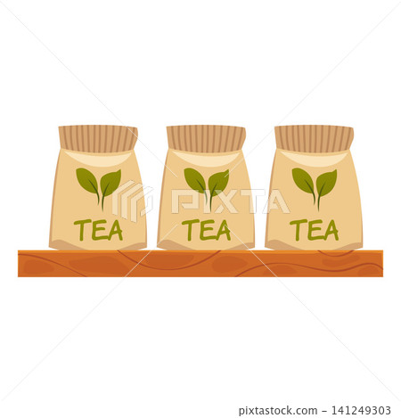Paper bags with herbal green tea on a wooden shelf. Paper bags with herbal green tea on a wooden shelf. 141249303