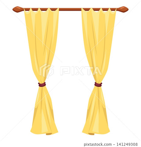 Beige curtains and draperies on cornice tied on sides of tassels, vector flat interior decoration, drapery textile shade Beige curtains and draperies on cornice tied on sides of tassels, vector flat interior decoration, drapery textile shade 141249308