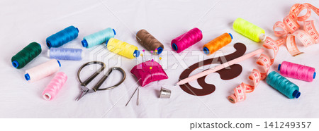 Sewing accessories for sewing and needlework on the table web banner Sewing accessories for sewing and needlework on the table web banner 141249357