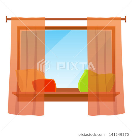 Window with orange transparent drapery tulle curtain on cornice and pillows on the windowsill, vector home textile shade 141249370