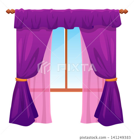 Window with purple curtains labrecque and drapery on cornice tied on sides of tassel, vector flat interior textile shade Window with purple curtains labrecque and drapery on cornice tied on sides of tassel, vector flat interior textile shade 141249383
