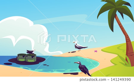 Tropical island beach with palm trees and spilling toxic fuel in barrels, dirty birds,ecology environmental pollution Tropical island beach with palm trees and spilling toxic fuel in barrels, dirty birds,ecology environmental pollution 141249390